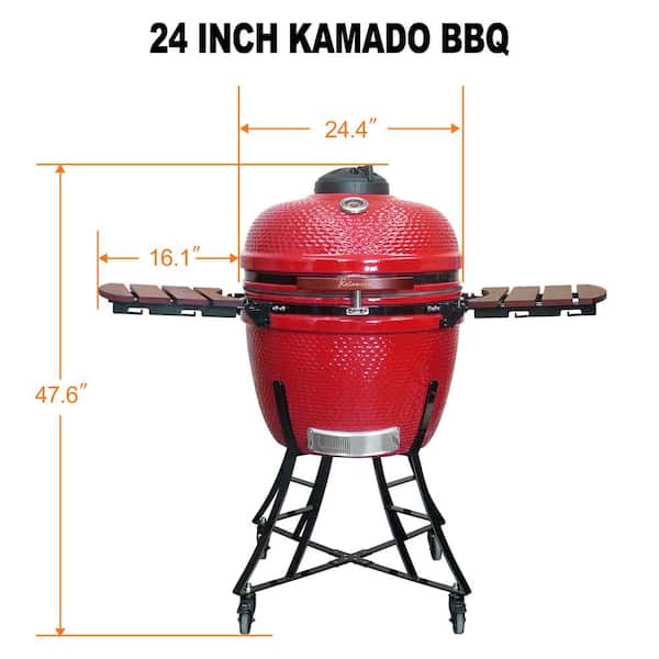 Kalamera 24 in. Kamado Ceramic Charcoal Grill in Red with Cart and