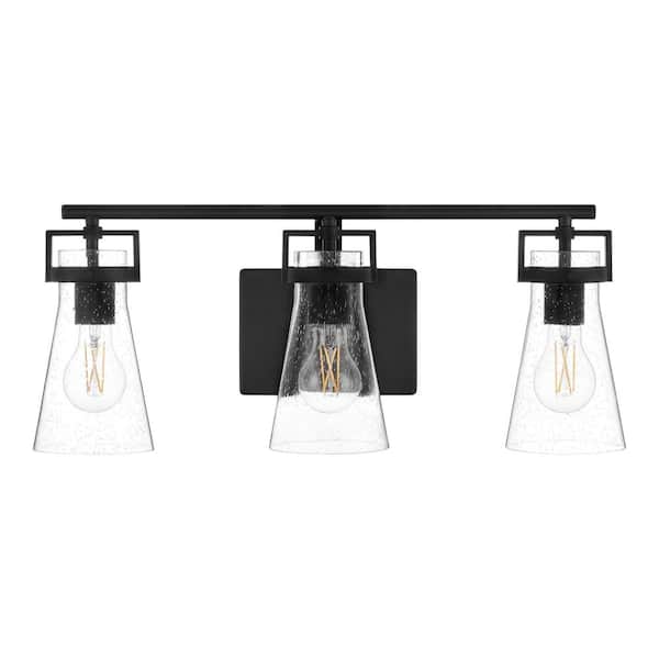 Clermont 22 in. 3-Light Matte Black Bathroom Vanity Light with Seeded Glass Shades