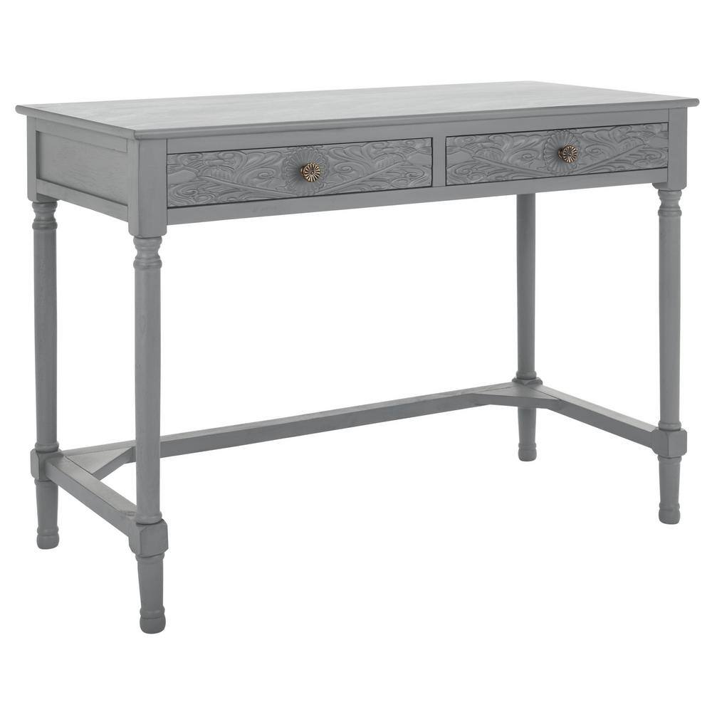 Josie Artisan Carved Floral 46" Wood Desk with Drawers in Distressed Grey