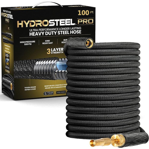 Pro 100 ft. Heavy-Duty Flexible Lightweight 304 Stainless Steel Metal Water  Hose with Brass Nozzle