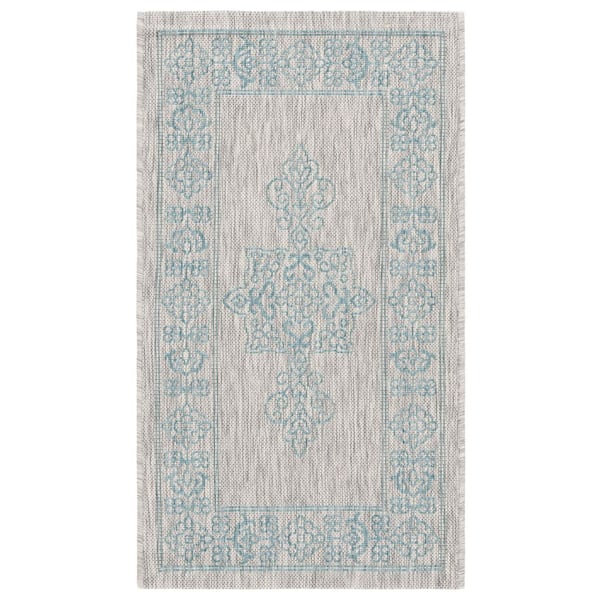 Courtyard Gray/Aqua 3 ft. x 5 ft. Border Medallion Indoor/Outdoor Area Rug