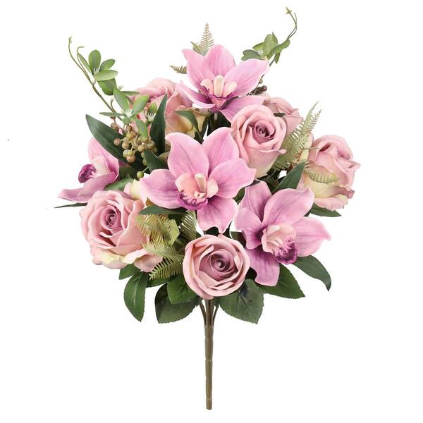 LIVING LUXURY 18 in. Mauve Lavender Artificial Mixed Rose Cymbidium Orchid Flower Stem Bush Bouquet (Set of 2)