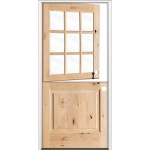 32 in. x 80 in. Farmhouse Knotty Alder Left-Hand/Inswing 9 Lite Clear Glass Unfinished Dutch Wood Prehung Front Door