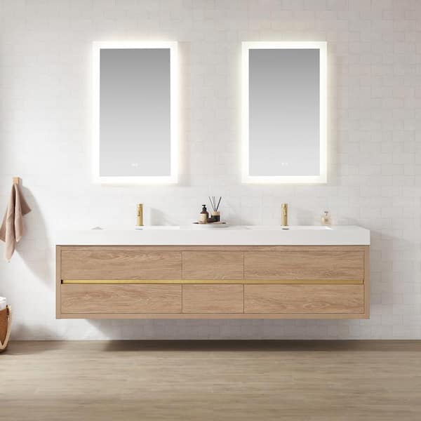 ROSWELL Palencia 84 in. W x 19.7 in.D x 23.6 in.H Double Bath Vanity in N.American Oak with White Composite Stone Top and Mirror