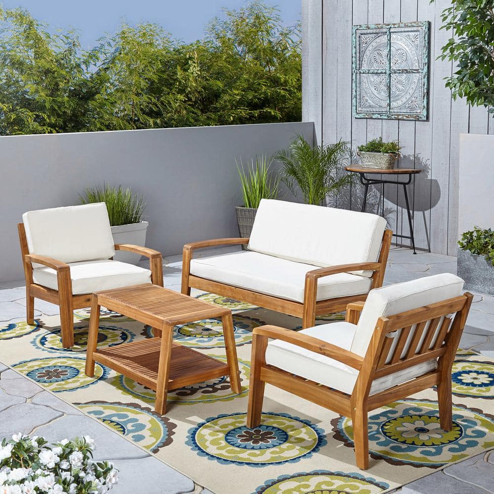Noble House Grenada Teak 4-Piece Wood Outdoor Patio Conversation Set with Beige Cushions 55279 - The Home Depot