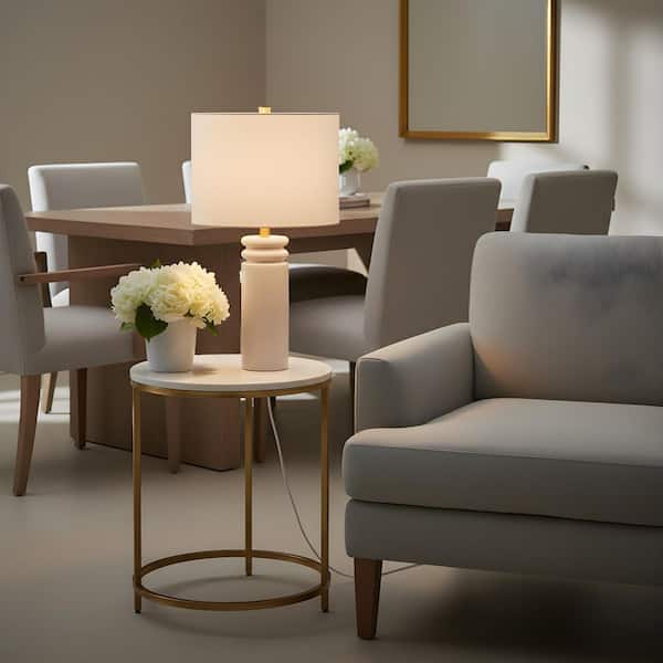 Feikudo 25 in. Glossy White Bedroom Home Office Living Room Table Lamp With White Linen Shade