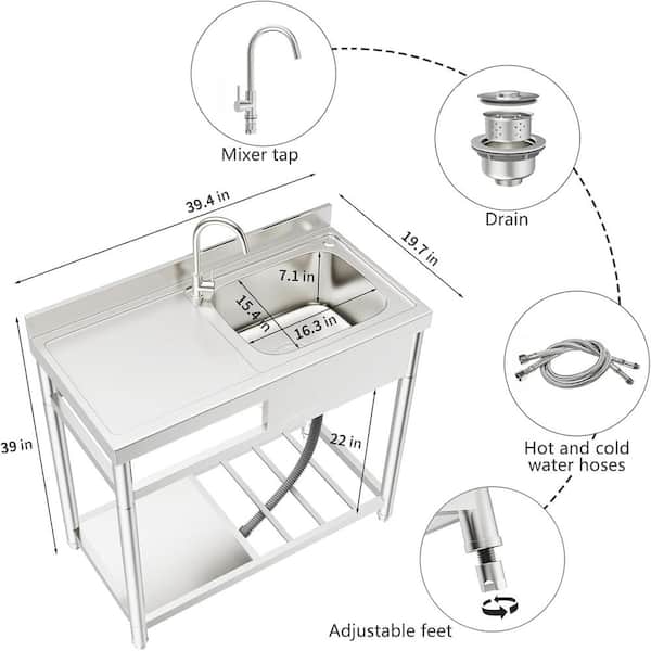 Adrinfly 20 in. D x 39 in. W Freestanding Utility Sink in Stainless Steel with Cold/Hot Water Faucet and Drain Kit (Right bowl)