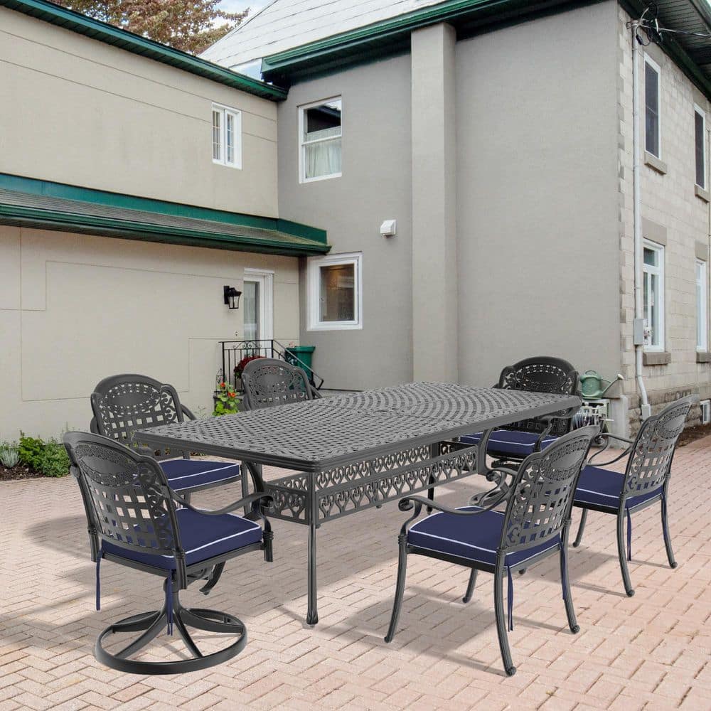 Black 7-Piece Cast Aluminum Rectangular Outdoor Dining Set with Swivel Chairs and All-Weather Cushions price history on PriceWatchPro