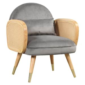 Gray Velvet Arm Chair with Rattan Armrest and Metal Legs