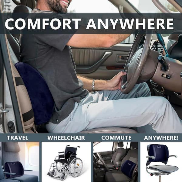 A car seat cushion with memory foam and lumbar support for long commutes or  professional drivers.