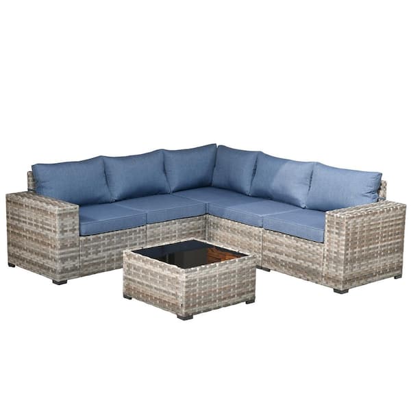 Ruby 6-Piece Wicker Outdoor Patio Sectional Furniture Set with a Table and Denim Blue Cushions