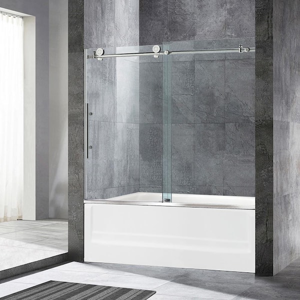 WOODBRIDGE Beccles 56 in. to 60 in. x 62 in. Frameless Sliding Bathtub Door with Shatter Retention Glass in Brushed Nickel