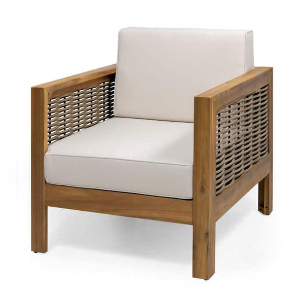Brown wood outdoor lounge chair with beige seat cushion.