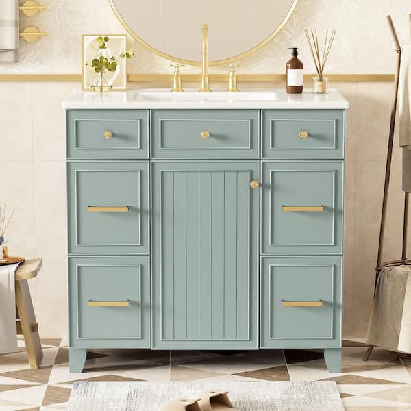 36 in. W x 18 in. D x 34 in. H Freestanding Bath Vanity in Green with White Ceramic Top Single Basin Sink