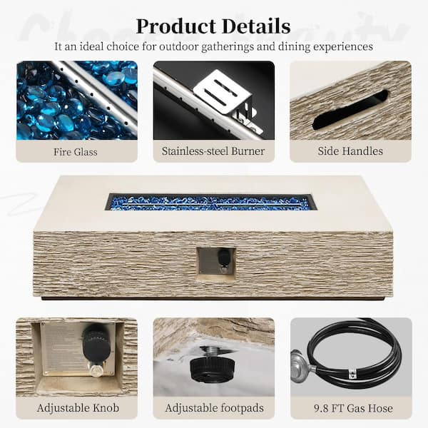 56 in. 50000BTU Outdoor Beige Rectangle Magnesium Oxide Fire Pit Table with Propane Tank Cover