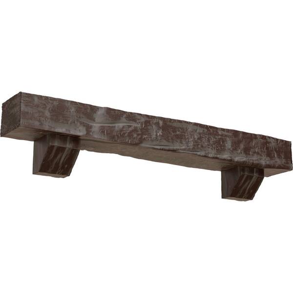 Ekena Millwork 4 in. x 6 in. x 3 ft. Riverwood Faux Wood Fireplace Mantel Kit, Ashford Corbels, Aged Pecan