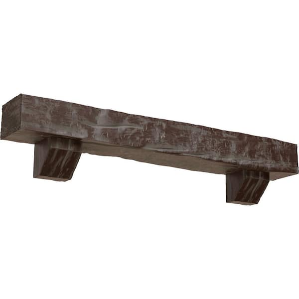 Ekena Millwork 4 in. x 8 in. x 6 ft. Riverwood Faux Wood Beam Fireplace Mantel Kit, Ashford Corbels in Aged Pecan