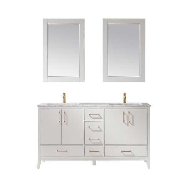 Altair Sutton 60 in. Double Bathroom Vanity Set in White and Carrara White Marble Countertop with Mirror