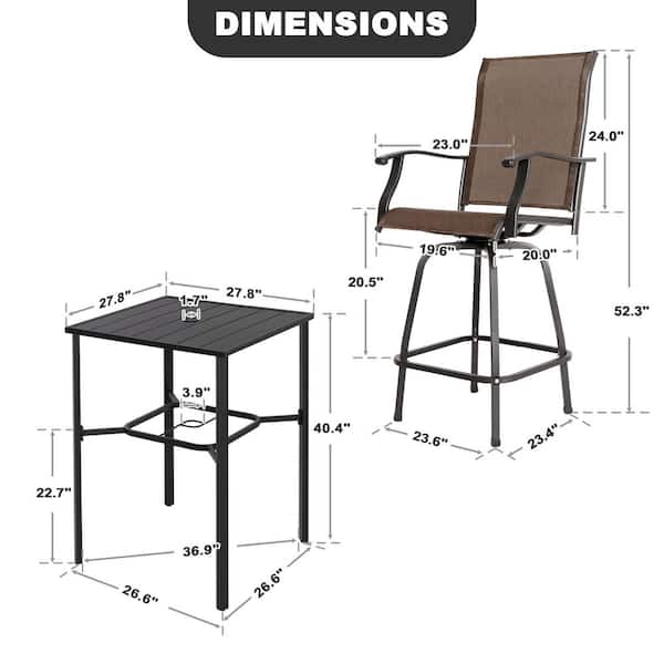 Black 3-Piece Textilene and Metal Square Outdoor Bar Set with Umbrella Hole and Swivel Bar Stools
