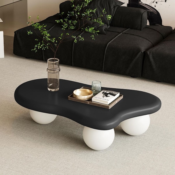 40 in. W Black Top White Legs Cloud Specialty Shaped MDF Coffee Table with 3 Ball Legs for Living Room