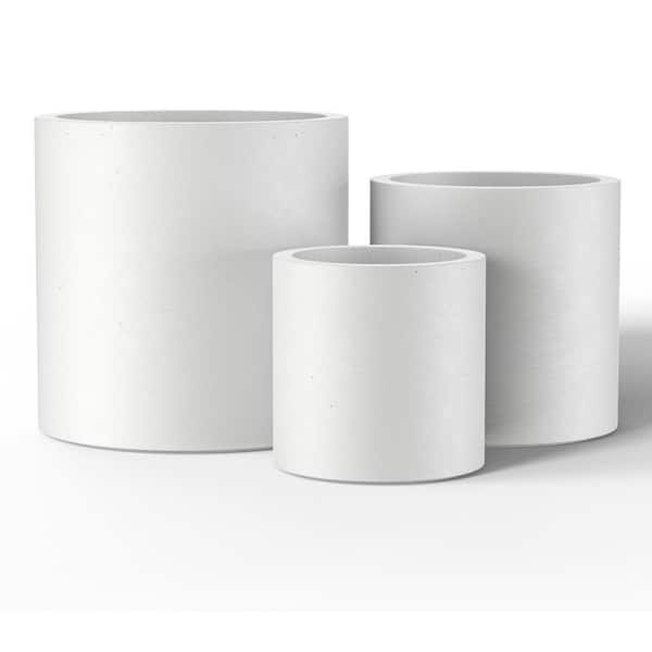 10in., 13in., 16in. Dia Crisp White Extra Large Tall Round Concrete Plant Pot / Planter for Indoor & Outdoor Set of 3