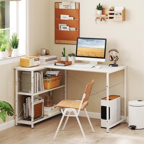 47 in. L-Shaped White Metal Frame Computer Desk with Power Outlets Adjustable shelf Heavy-Duty