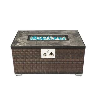 32 in. x 20 in. Brown Rectangle PE Wicker Propane Outdoor Dining Table Gas Fire Pit Table Fire Table with Glass Rocks