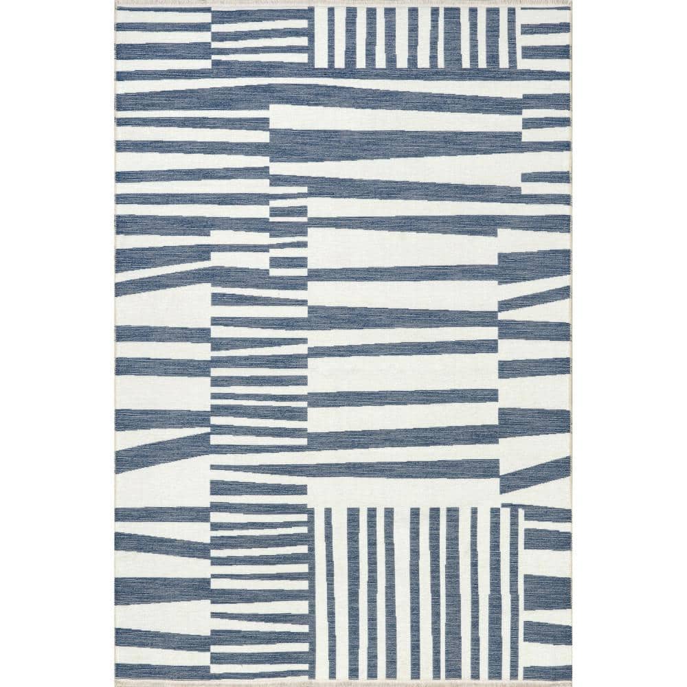 Kelcey Blue and White Abstract Rectangular Washable Rug
