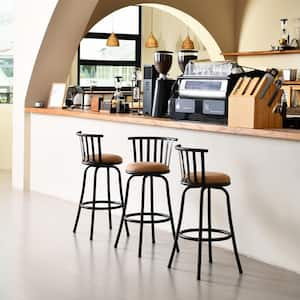 Pistil 29 in. Brown Suede Low-Back Swivel Bar Height Bar Stool, Cushioned with Metal Frame and Footrest (Set of 3)