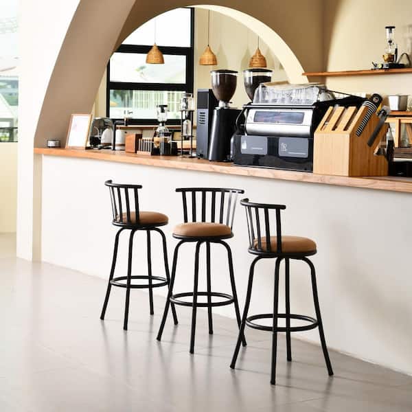 Homy Casa Pistil 29 in. Brown Suede Low-Back Swivel Bar Height Bar Stool, Cushioned with Metal Frame and Footrest (Set of 3)