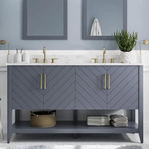 Baybarn 60in. W x 22in. D x 35in. H Double Sink Freestanding Bath Vanity in Blue Ash with White Engineered Carrara Top