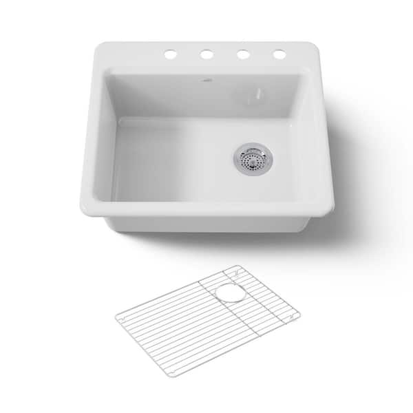Riverby Drop-In Cast-Iron 25 in. 4-Hole Single Bowl Kitchen Sink Kit with Bowl Rack in White