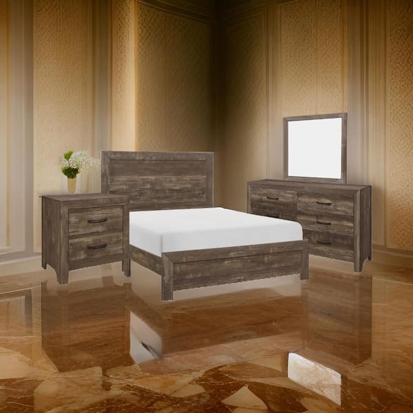 Benjara Bo 4-Piece Brown Engineered Wood Queen Size Bedroom Set