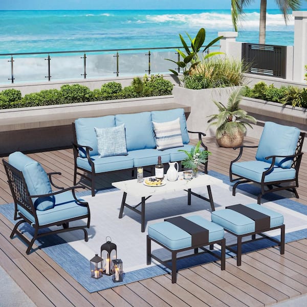 PHI VILLA Black Meshed 7-Seat 6-Piece Metal Outdoor Patio Conversation Set with Blue Cushions and Table with Marble Pattern Top