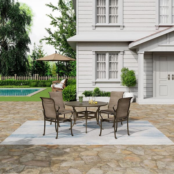 5-Piece Outdoor Brown Cast Aluminum Patio Dining Set with Round Retro Table and Textilene Seat Chairs