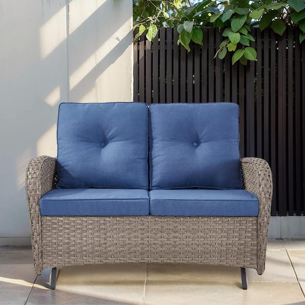 PlainCurve 49.6 in Width 2-Person Metal and Gray Wicker Patio Outdoor Glider Loveseat with Olefin Navy Blue Cushion