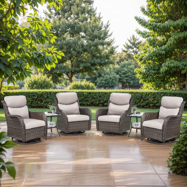 Gymojoy Carolina Outdoor 6-Piece Brown Wicker Patio Conversation Set with 2-Side Tables, with Beige Cushions