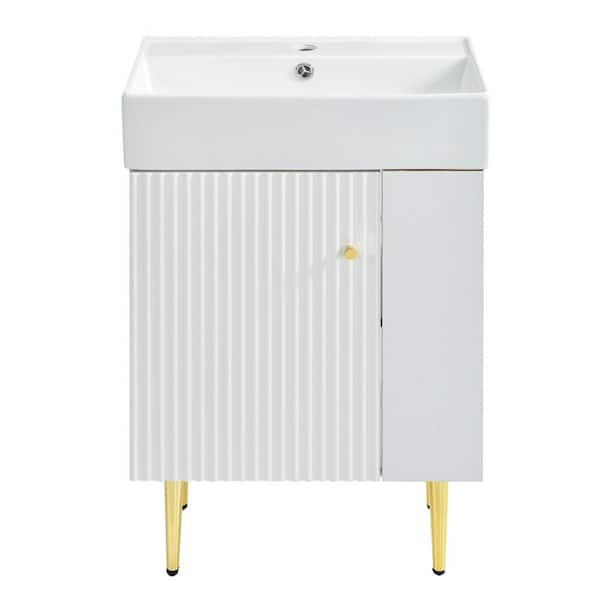WELLFOR 21.6 in. W x 12.2 in. D x 33.9 in. H Single Sink Freestanding Bath Vanity in White with White Ceramic Top, Left Hinge