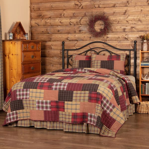 VHC BRANDS Wyatt Red Khaki Brown Rustic Patchwork Queen Cotton Quilt
