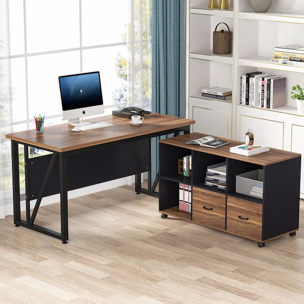 BYBLIGHT Lanita 79 in. L-Shaped Brown Wood Computer Desk with File Cabinet,  Large Executive Office Desk with Shelves, Business BB-F1502XF - The Home  Depot