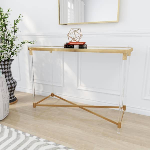 Litton Lane 44 in. Gold Extra Large Rectangle Metal Console Table with Mirrored Top and Acrylic Legs