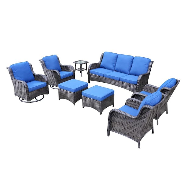 Erie Lake Brown 8-Piece Wicker Patio Conversation Seating Sofa Set with Navy Blue Cushions and Swivel Rocking Chairs