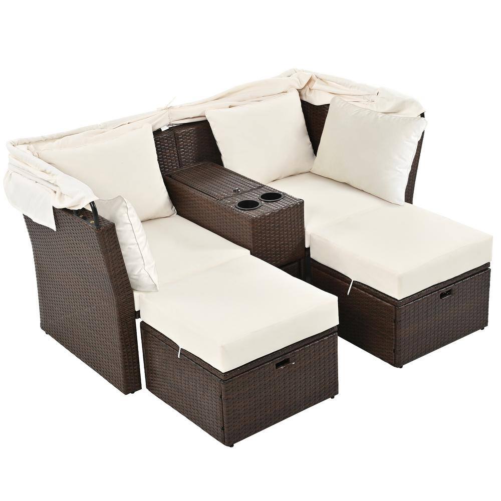 Brown 2-Seater Rattan Wicker Outdoor Double Day Bed Loveseat Sofa Set with Beige Foldable Awning and Cushions price history on PriceWatchPro