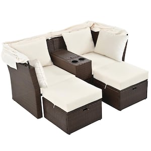 Brown 2-Seater Rattan Wicker Outdoor Double Day Bed Loveseat Sofa Set with Beige Foldable Awning and Cushions