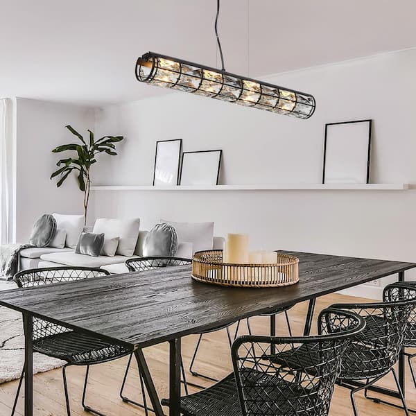 LNC Cristallo Modern 4-Light Black Linear Chandelier with Crystal Shade Industrial Island Chandelier for Dining Room
