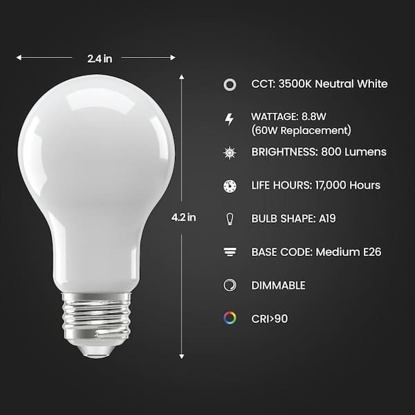 60-Watt Equivalent A19 Dimmable Filament CEC 90+ CRI Frost Glass E26 Medium LED Light Bulb, Natural White 3500K (4-Pack)