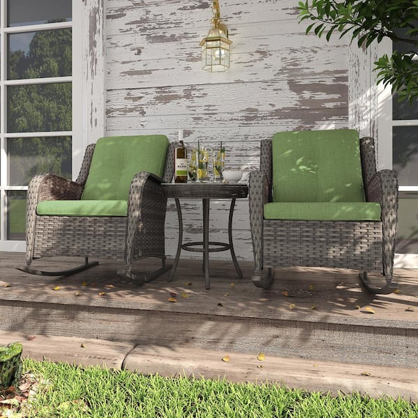 INMITOM 2-Pack Wicker Outdoor Rocking Chair Lounge Chair Patio with Green Cushion