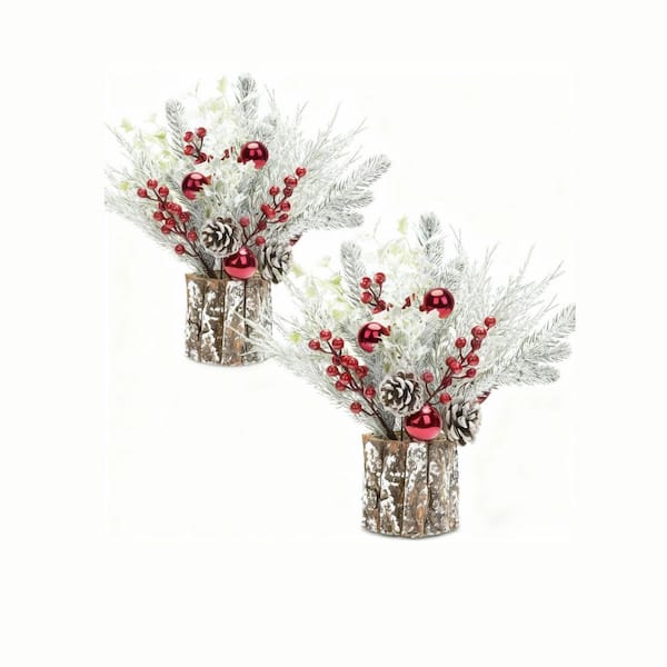 2 Pack 14 in. Red Indoor Artificial Pine Christmas Centerpiece Small Potted Christmas Tree with Lights