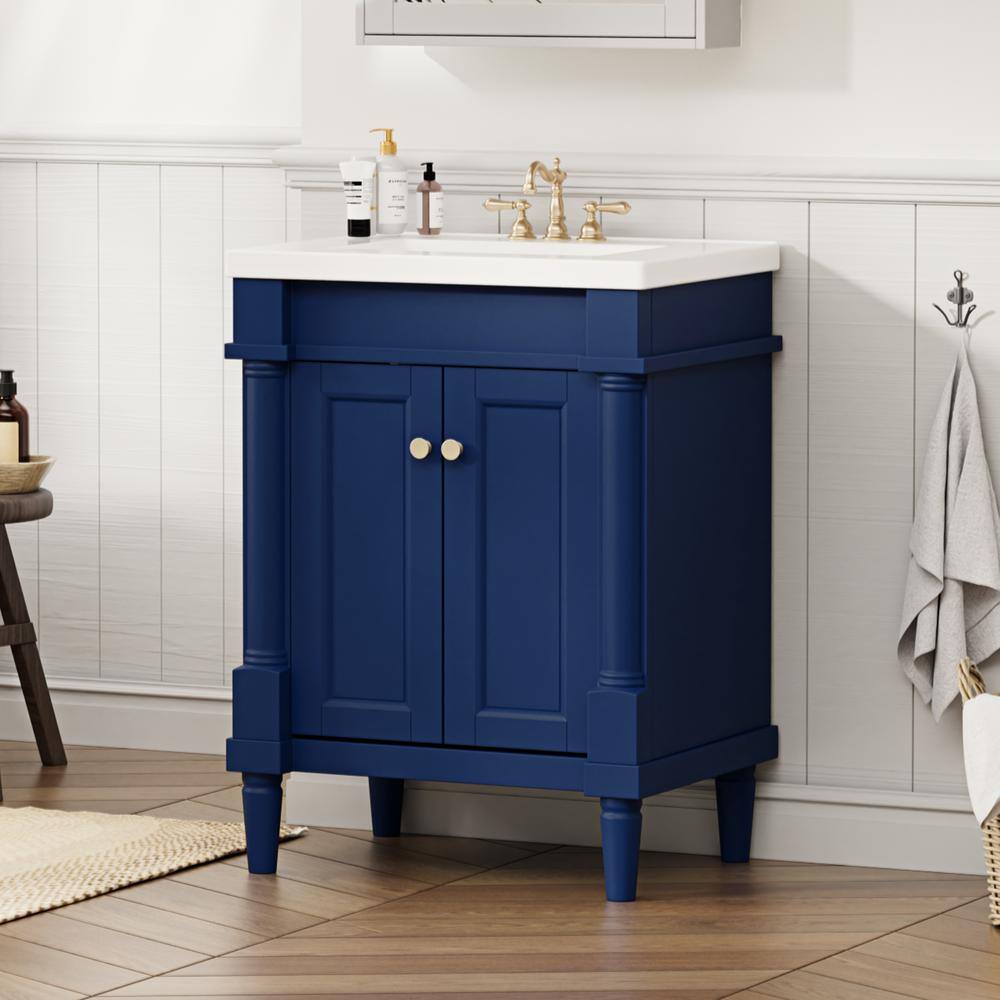 24" Navy Composite Freestanding Vanity with White Ceramic Top
