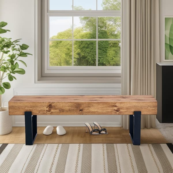 Industrial Natural Wood Wash Dining Bench 59 in., Bed Bench, Shoe Bench, Entryway Bench